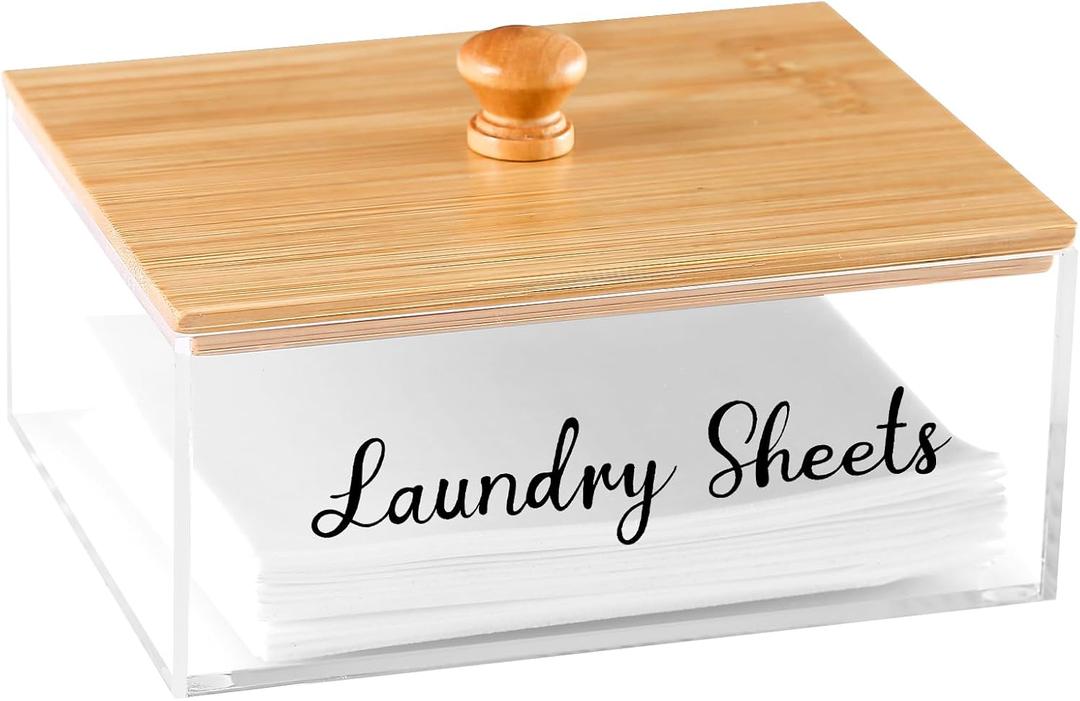 Acrylic Laundry Sheet Holder with Bamboo Lid, Laundry Detergent Sheet Container/Holder/Dispenser, laundry Room Organization and Storage