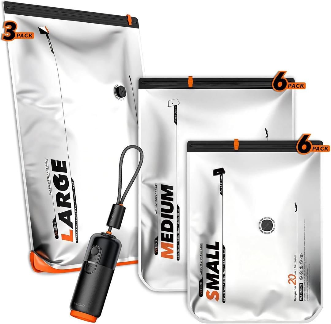 VacEase Ultra 15 Pack Vacuum Bags for Travel with USB & Battery 2-in-1 Rechargeable Air Pump, Compression Storage Bags for Luggage and Home Storage, Space Saver for Clothes, Bedding