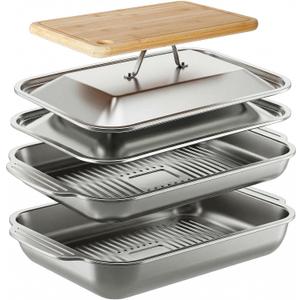 Grilling Prep and Serve Trays,Stainless Steel Large Capacity Food Prep Trays, Grill Carry System with Lid and Cutting Board, Marinade Container for Outdoor BBQ Grill Accessories, Camping Gifts for Men