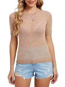 Women’s Short Sleeve Knit Top – Alpaca Wool Blend Ribbed Crewneck Pullover, Slim Fit Casual Tee for Spring & Summer(L, Camel)