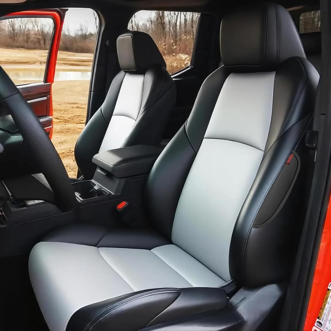 HKZ Custom Fit Tacoma Car Seat Covers for Toyota Tacoma (Petrol) 2024 2025 Double Cab (Non-Hybrid) SR,SR5,TRD Sport,TRD Off-Road,Limited - 5-Seats Full Set,Leather(Black+Grey)