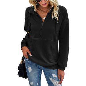 PRETTYGARDEN Women's Casual Long Sleeve Lapel Zipper Sweatshirt Drawstring Loose Pullover Tops (Large, Black)