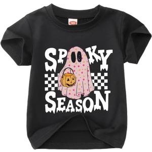 MODNTOGA Halloween Shirt Toddler Ghost Graphic T-Shirt Baby Boy Girl Spooky Season Print Tee Tops Short Sleeve Fall Outfit (Black, 3-4 Years) (Black, XS)