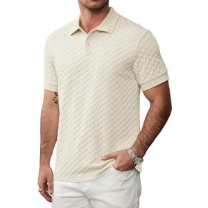 Men Textured Polo Shirts Casual Summer Short Sleeve Poloshirt (L)