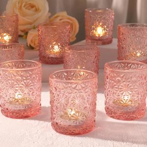 Pink Votive Candle Holder Set of 12, Flower Tea Lights Candles Holders for Wedding Table Centerpieces, Birthday Parties, Anniversary, Pink Bridal Shower and Holiday Decorations