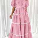 PRETTYGARDEN Women's Summer Button Down Shirt Dress Short Puffy Sleeve Tiered Ruffle Flowy Long Maxi Dresses (Pink, Size XXL)