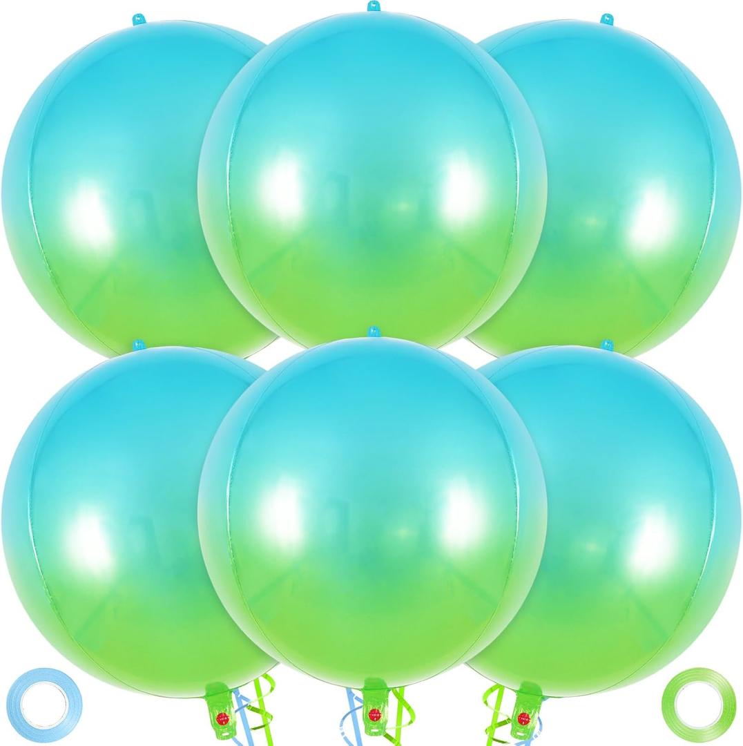 Metallic Gradient Blue Balloons, 22 Inch Large Sphere Round Balloons, 6 Pcs Foil Mylar Gradient Blue and Green Birthday Balloons for Graduation Bridal Shower Bachelorette Party Decoration
