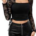 WDIRARA Women's Lace Long Sleeve Tee Shirts Square Neck Ruched Drawstring Side Crop Tops (Medium, Black)