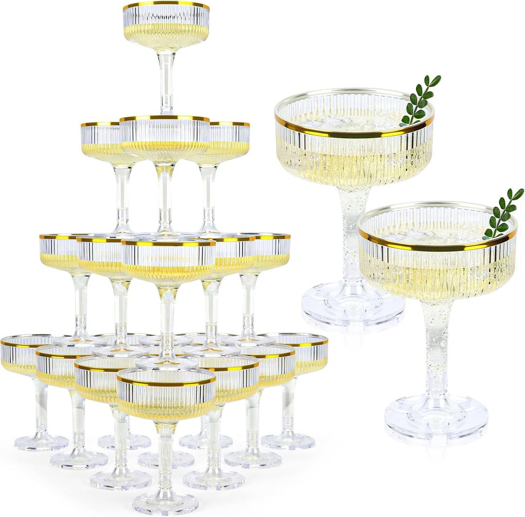 30 Pack Clear Champagne Tower Glasses 7OZ Plastic Martini Glasses Champagne Coupe Glass Cocktail Glass with Gold Rim Champagne Flutes Stackable Stemmed Coupe Glass for Weddings Birthday Party