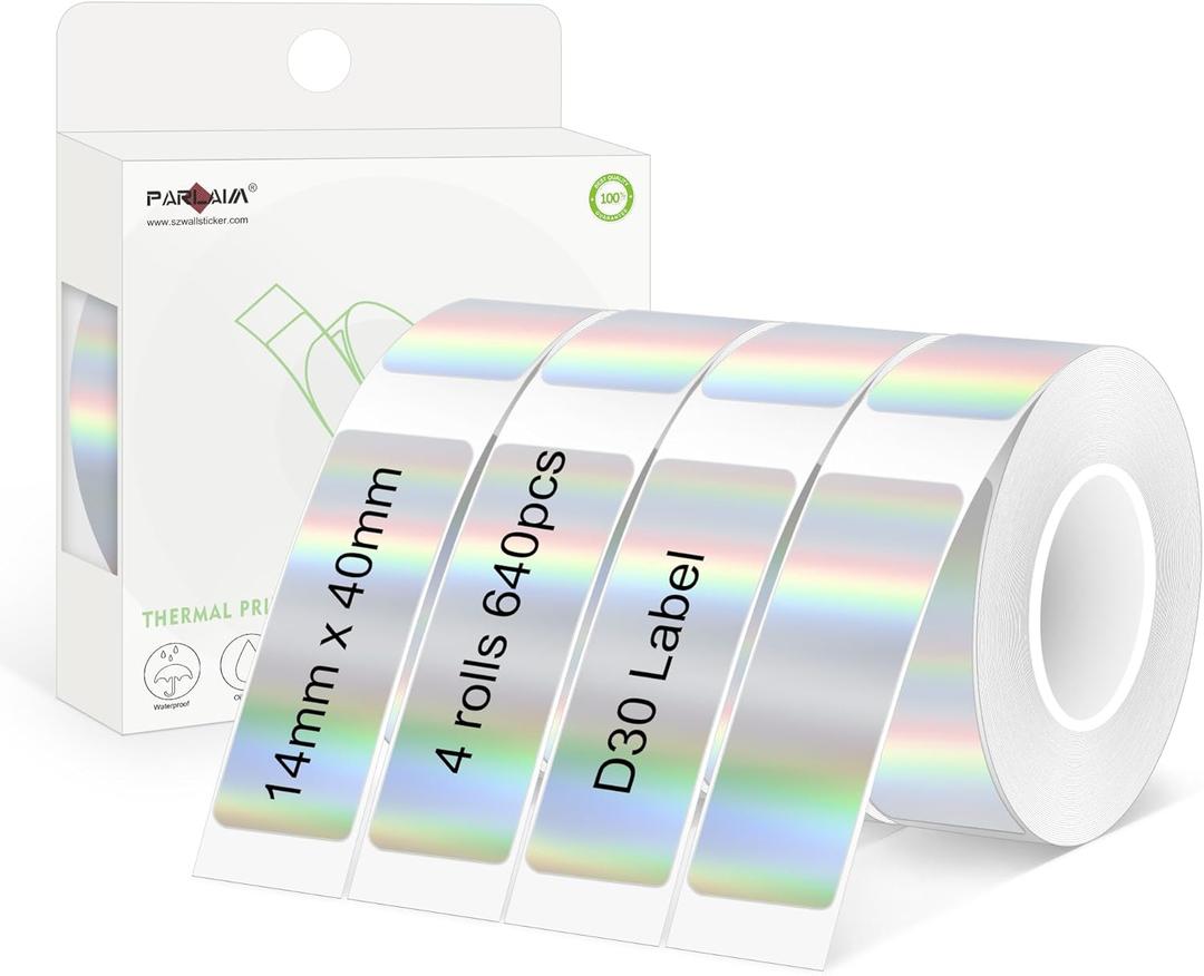 PARLAIM 14 X 40mm (0.55"x1.57") Tear-Resistant Thermal Label, 4 Rolls 640pcs OEM Label Tape Replacement Compatible with D30 Label Maker Perfect for Home/Office/School, Holographic Sliver