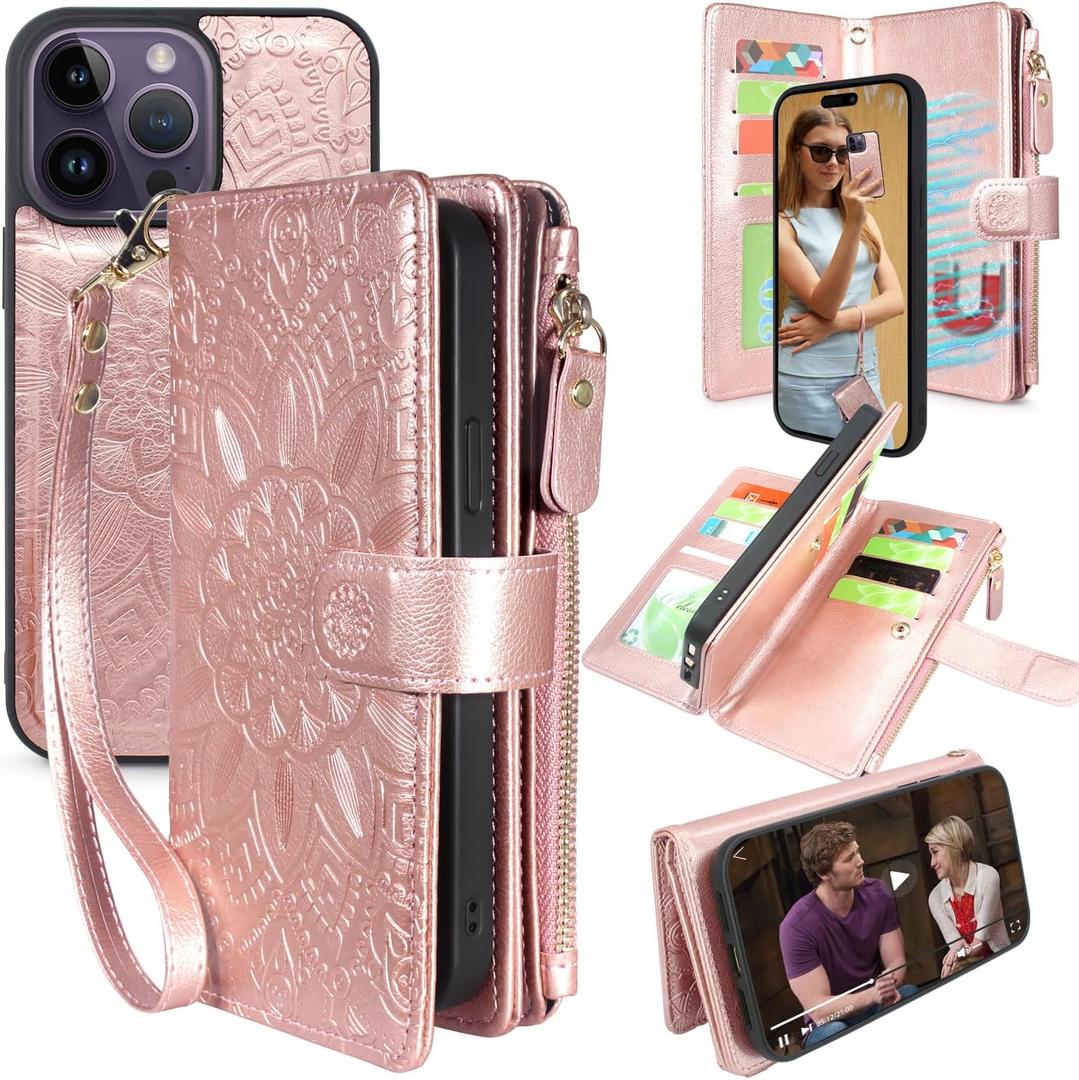 Harryshell Compatible with iPhone 14 Pro Max 6.7 inch 5G 2022 Wallet Case Detachable Magnetic Cover Zipper Cash Pocket Multi Card Slots Holder Wrist Strap Lanyard (Floral Rose Gold)