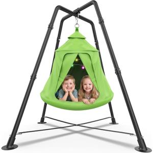 Tent Swing Set for Kids, Hammock Chair with X-Shaped Stand, 330 lbs | 32mm Steel Frame, 900D Oxford Fabric, with LED Lights, Indoor Outdoor Use, Green