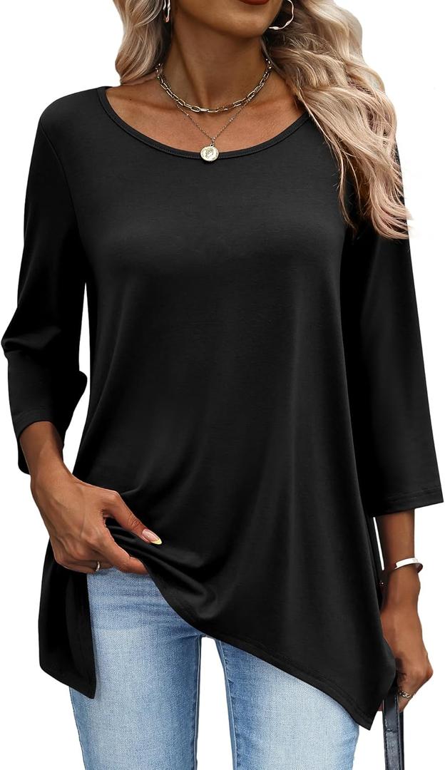 AKEWEI 3/4 Length Sleeve Womens Tunic Tops Loose Fit Blouses Dressy Casual Crew Neck Tees S-3XL (XX-Large, Black)