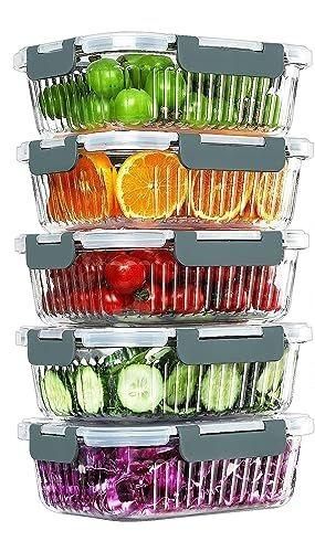 KOMUEE 5 Packs Glass Meal Prep Containers with Lids, Glass Food Storage Containers Set, Airtight Lunch Containers, Microwave, Oven, Freezer and Dishwasher Safe, Gray