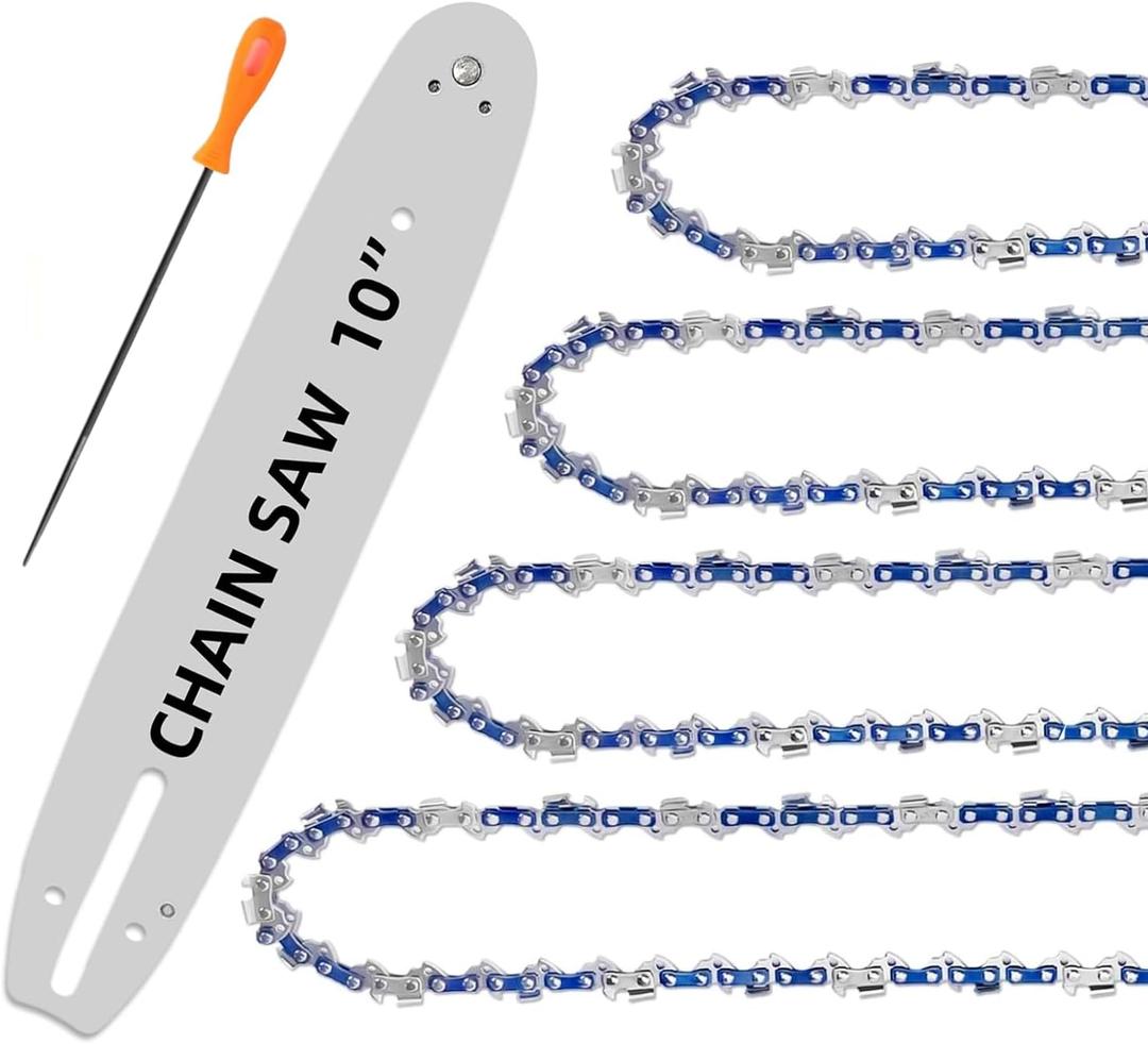 10 Inch Chainsaw Chain 5-Piece Kit with 10-Inch Guide Bar S40 3/8" LP .050" Gauge 40DL Replacement Chains Compatible with Remington, Sunjoe, Greenworks, Echo, Craftsman & More (4 Chains + 1 Bar)