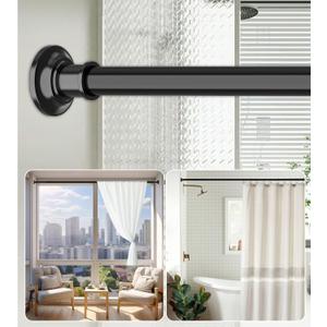 Tension Curtain Rod, 43-87 Inch Adjustable 1.1 Inch Diameter Thick Heavy Duty Black Shower Curtain Rod, Spring Curtain Rod Stainless Steel, Long Shower Rod for Bathroom No Drilling, No Rust