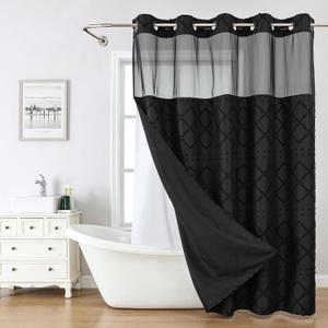 eachope Black No Hook Shower Curtain and Fabric Liner Set, Boho Tufted Chevron Striped and Shabby Chic Textured Shower Curtain with a See-Through Top Window, Hotel Decor, 71" W x 80" H