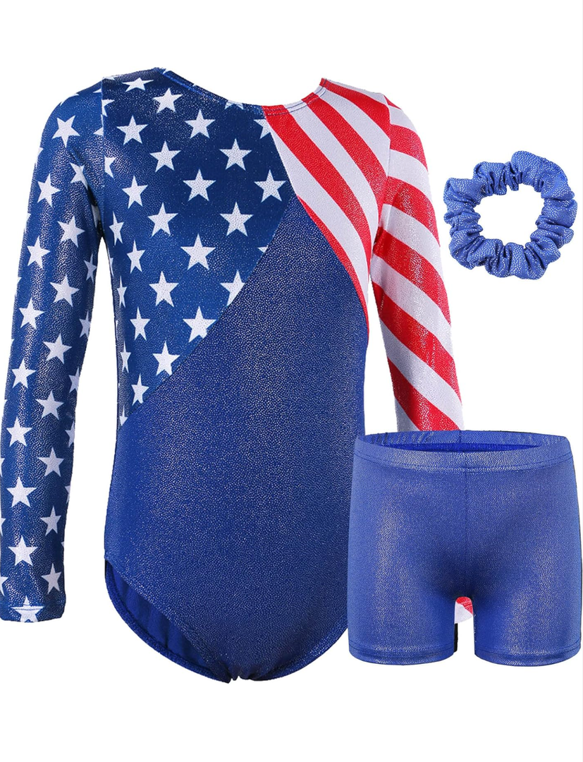 BAOHULU Gymnastics Leotards for Girls Patriotic Glitter Long Sleeve Dancewear with Matching Shorts Set ,10A