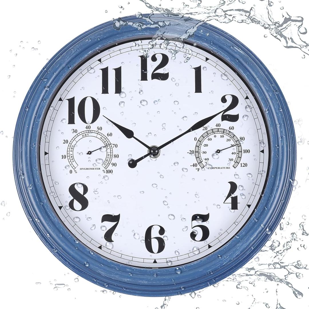 12 inch Outdoor Clock Blue Waterproof Wall Clock with Temperature | Water Resistant Outdoor Clocks for Patio Garden
