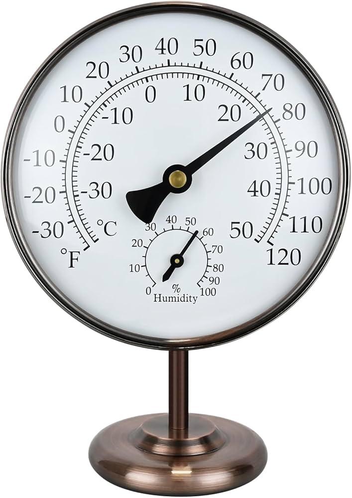 6’’ Outdoor Thermometer Hygrometer  Solid Brass Analog Temperature Gauge with Stand, No Battery Required Weather Dial Hygrometer Thermometer for Home, Office, Table or Decorative