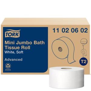 Tork Mini Jumbo Bath Tissue Roll - Toilet Paper Towels with Advanced Soft Quality, Compatible with T2 Tork Dispenser, 12 rolls x 1075, 2-Ply Sheets, Color: White, 11020602, 12 Count
