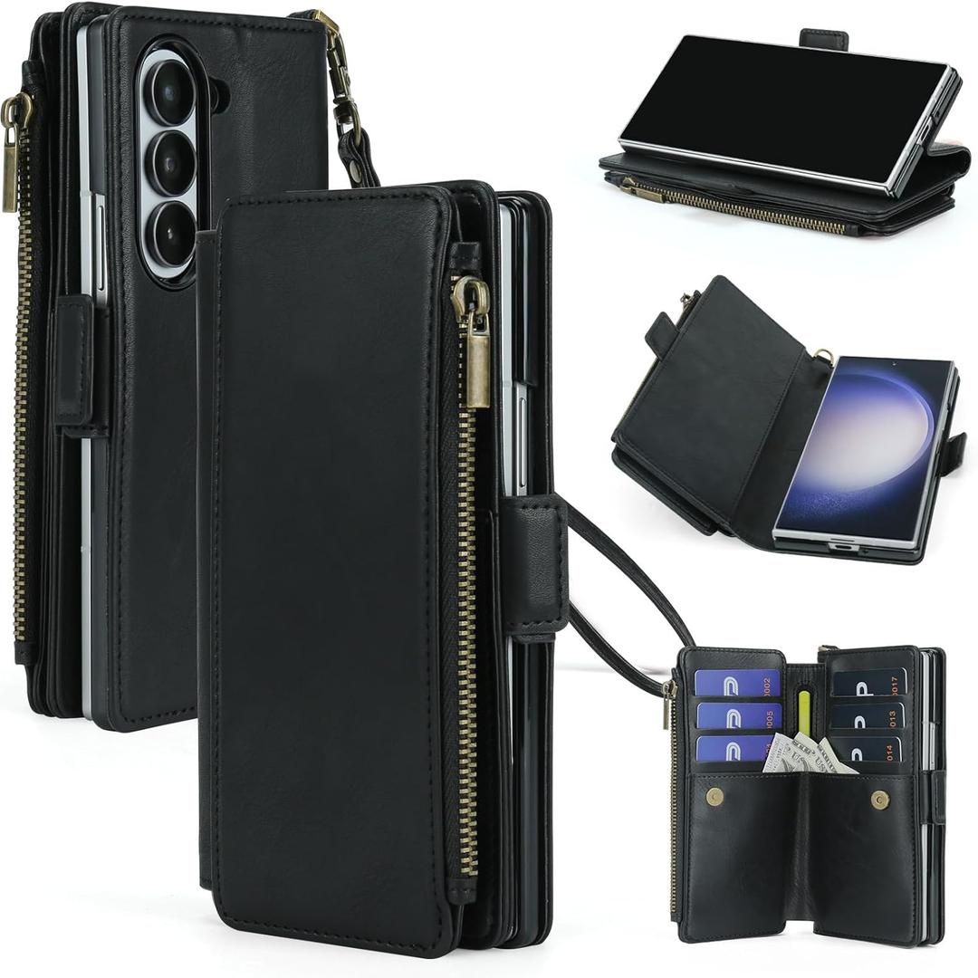 ASAPDOS for Samsung Galaxy Z Fold 6 Wallet Case with S Pen Holder,PU Leather Strap Wristlet Flip Case with Magnetic Closure[S-Pen Fully Compatible],Card Holder[RFID Blocking] and Kickstand Black