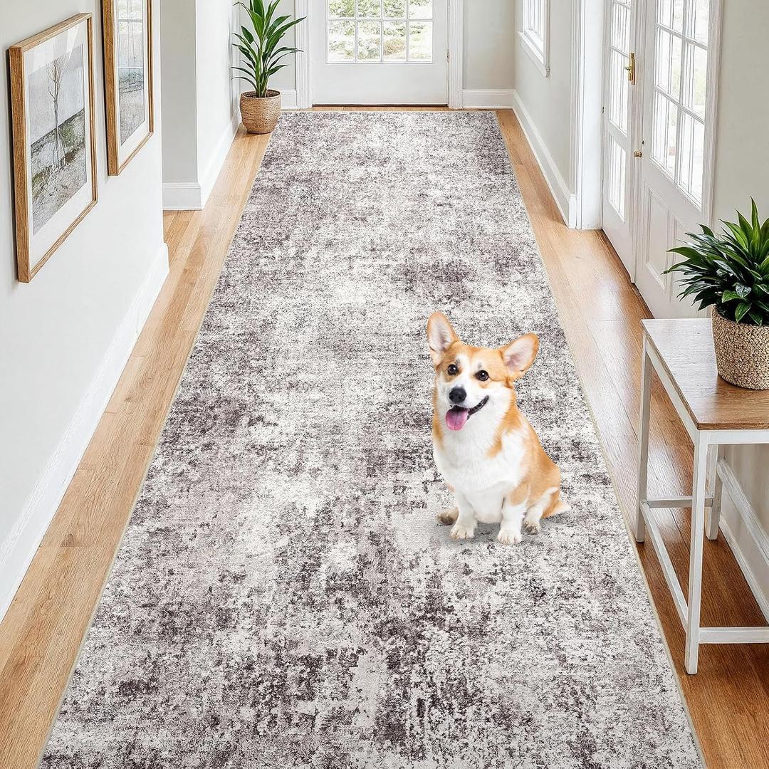 4x12 Washable Hallway Runner Rug - Wide Kitchen Runners Modern Abstract Low Pile Carpet Soft Thin Floor Mat with Non-Slip Rubber Backing for Entryway Living Room Bedroom Home Decor (Gray Cream,4x12)