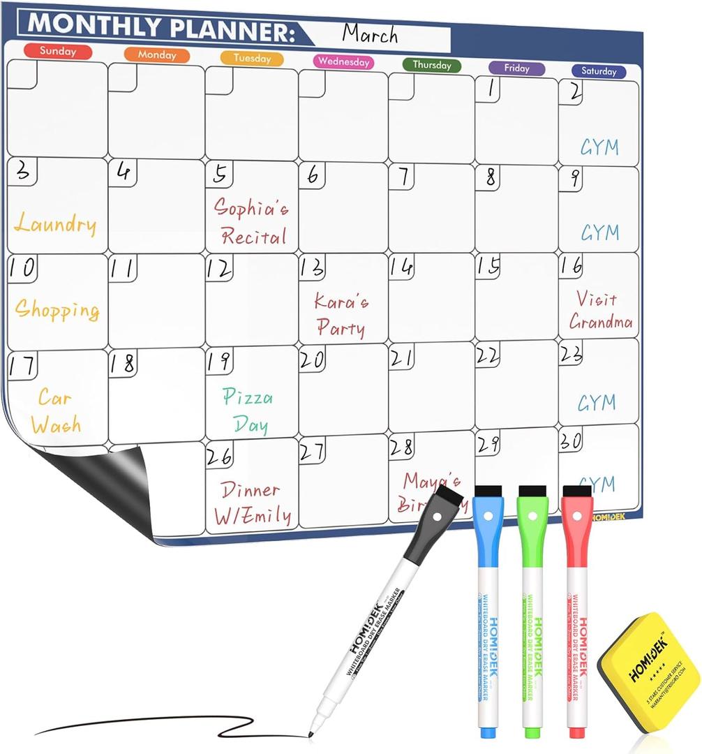 HOMiDEK Magnetic Dry Erase Calendar for Refrigerator: Fridge Whiteboard Calendar Magnet Monthly Planner Family Planning Board with Dry Erase Markers & Eraser - 14 x 11 Inches