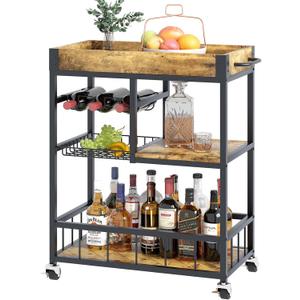 Bar Cart with Basket 3 Tiers Home Rolling Wine Rack with Wheels Mobile Kitchen Industrial Vintage Style Wood Metal Serving Trolley Serving Cart,Glass Holder Bar Cabinet, Rustic Brown, 29"D x 13"W x 33"H