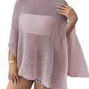 Women's See Through Knit Poncho Shawl 3/4 Sleeve Split Asymmetrical Shrug Sweater Cover Up (L)