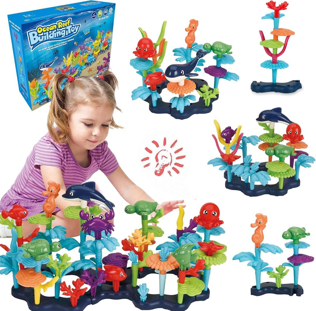 Ocean Reef 125 pcs Building Toy Set for Toddlers and Kids Age 3, 4, 5, 6 Year Old Boys and Girls Stacking Reef Garden Building Toy STEM (125 pcs)
