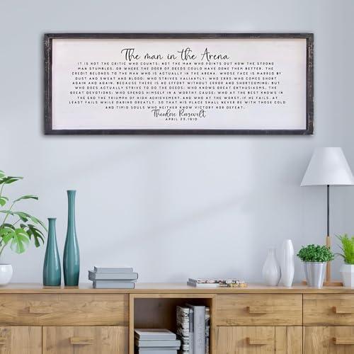 Surfapans The Man In The Arena Wall Decor 40"x15" Morden Office Motivational Wood Framed Sign For Men Large Farmhouse Living Room Inspirational Quotes Positive Speech Home Wall Decoration (Black)