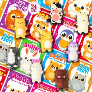 Valentines Day Gifts for Kids Classroom Animals Squishes, Jungle Animal School Party Favors Exchange with Cards 24 PCS (Brown)