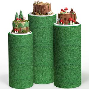 Mindsoft Set of 3 Green Grass Spandex Cylinder Stand Covers for Party, Cylinder Pedestal Covers for Jungle Party Supplies, Woodland Birthday, Dinosaur, Baby Shower, Sports Parties Decorations