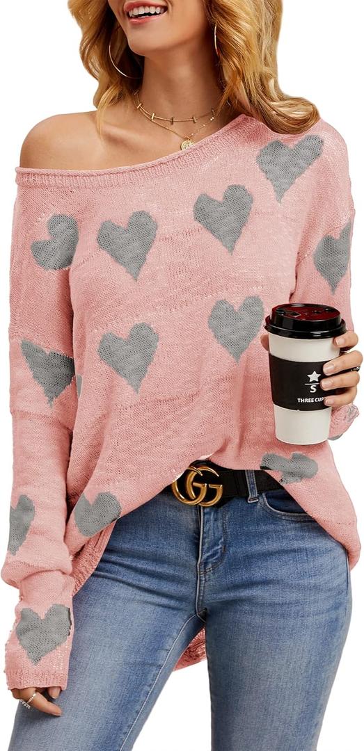 Chang Yun Women Off Shoulder Knitted Pullovers Sweater Loose Long Sleeve Hearts Printed Ripped Tops (Large, Active Pink)