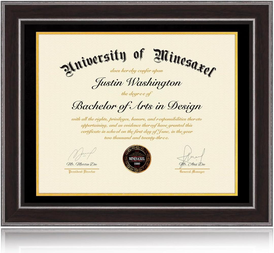 16x20 Diploma Frames 14x17 with Black Mat, Fits Degree Certificate Document, 20 x 16 Walnut Color Frame with Tempered Glass Panel for Wall Mounting