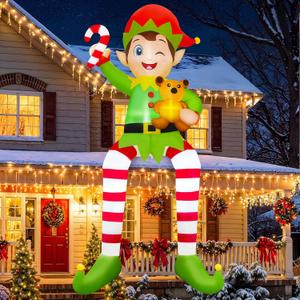 OurWarm 10 FT Christmas Inflatable Outdoor Decorations, Sitting Elf Holding Bear Christmas Blow Up Yard Decorations with Built-in LED Lights for Holiday Party Lawn Garden Roof Outdoor Xmas Decorations