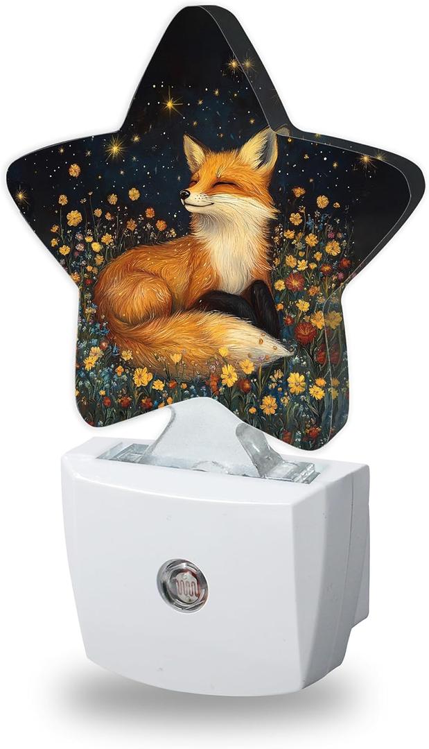 Night Lights Plug Into Wall Decorative,Fox Animal Nightlights for Kids Bedroom, Wildflowers Energy Efficient Dusk-to-Dawn Sensor Sleep Friendly Lamp for Nursery Bathroom