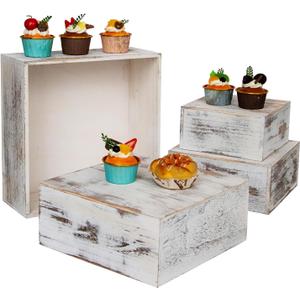 Vintage Square Wooden Cake Stands For Display, Set Of 4 Wood Cupcake Stands Risers, 12 Inches Rustic Wood Crates For Wedding Cake Display, Square Wooden Display Risers For Home Decor (Vintage White)