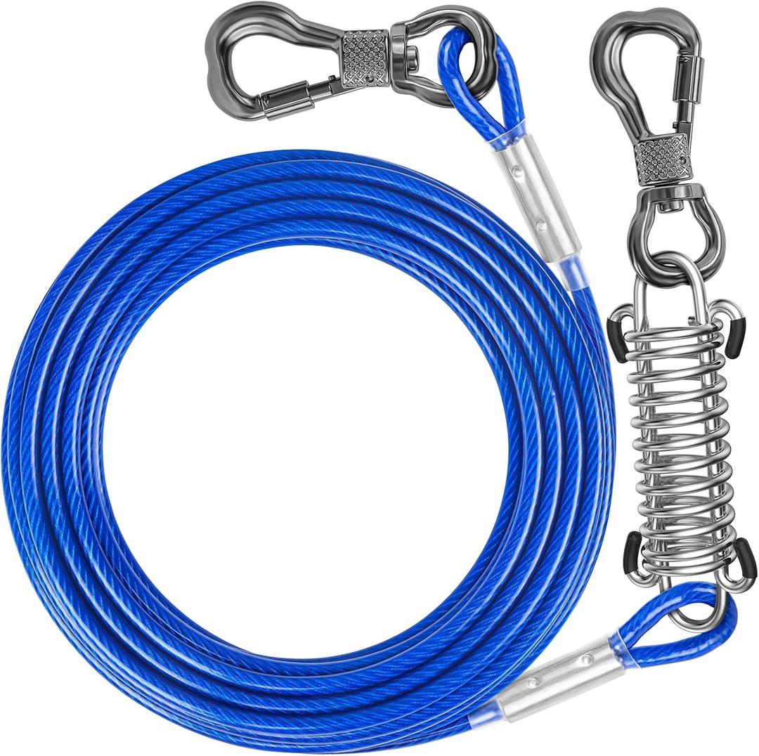 Tresbro 15 ft Dog Tie Out Cable, Heavy Duty Dogs Chain for Outside with Spring Swivel Lockable Hook, Pet Runner Cable Leads for Yard, Silver Line Tether for Small Medium Large Dogs Up to 500 LBS (Blue)