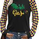 Mardi Gras Shirts for Women: Tuesday Long Sleeve Tshirt Carnival Graphic Tees Tops Funny Holiday Parade Outfits Black B