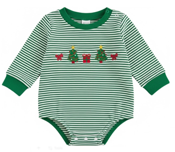 ZAXARRA Baby Christmas Sweatshirt Romper Striped Waffle Knit Jumpsuit Christmas Tree Embroidery Cute Boy Girl Holiday Outfit 3-6M