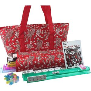 Complete American Mahjong Game Set, 166 Tiles, 4 All in One Pusher Racks, Chips, Wind Indicator (Red Flower Bag)