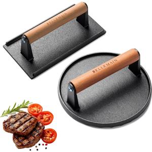 Bellemain Heavy-Duty Cast Iron Grill Press Set  Perfect Smash Burger Press & Steak Tool with Ergonomic Wood Handle for Pro-Level Searing on Griddle, Skillet, or BBQ (7 Round and Rectangle)