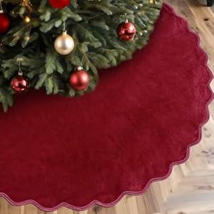 RoundFunny Burgundy Christmas Tree Skirt 48 Inches Neutral Velvet Christmas Tree Skirts Modern Scalloped Edge Xmas Decorations Minimalist Mat for Home Indoor Outdoor Holiday Party Decor