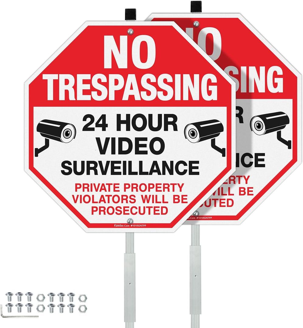 Faittoo No Trespassing Signs Private Property with 42" Stake for Outside, 2-Pack 10"x10" Video Surveillance Sign, Rust Free Aluminum, Reflective, 2 Pre-drilled Holes, Includes Matching Screws & Wren