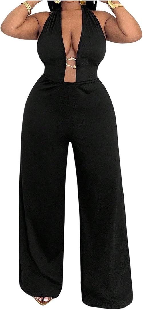 Women's Plus Size Deep V Neck Halter Jumpsuit Elegant Tie Backless Wide Leg Rompers Date Night Outfit (Black, XXL)