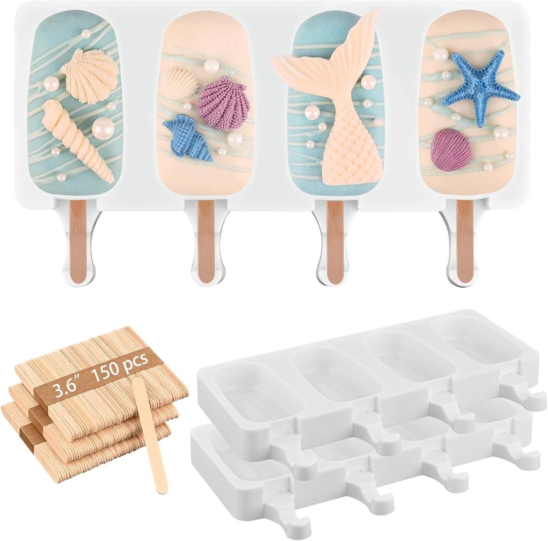 Sakolla Large Silicone Popsicle Molds Set of 3, Oval 4 Cavities Homemade Ice Pop Molds with 150 Wooden Sticks for Ice Cream, Cakesicles, Cake Pop (White)