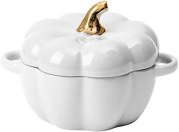 FYUEROPA Pumpkin Bowl Set with Lid and Handle, Set of 4 Ceramic Ramekins for Baking, Casserole Dish Individual Severing Pot, Stoneware, Oven Safe, 14 Oz (White) 1 UNBROKEN.