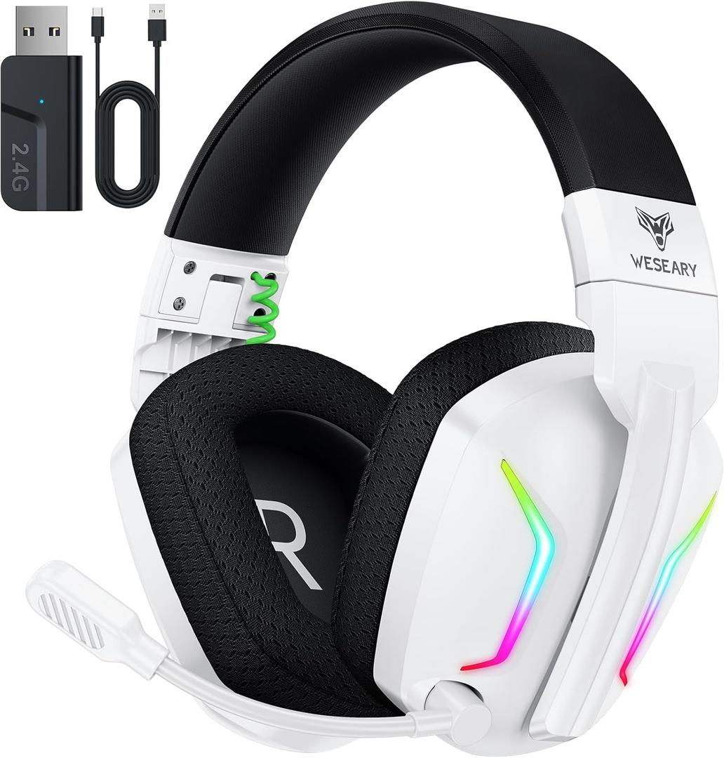 Wireless Gaming Headset for PC, PS5, PS4, Switch, Mac, 2.4GHz Wireless Gaming Headphones with ENC Noise Canceling Microphone, Bluetooth 5.4, Cool Lighting, 50H Battery, 50mm Drivers (Shadow White)